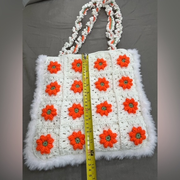 Handmade Crochet Floral Tote Bag - Cream and Orange - Picture 9 of 10